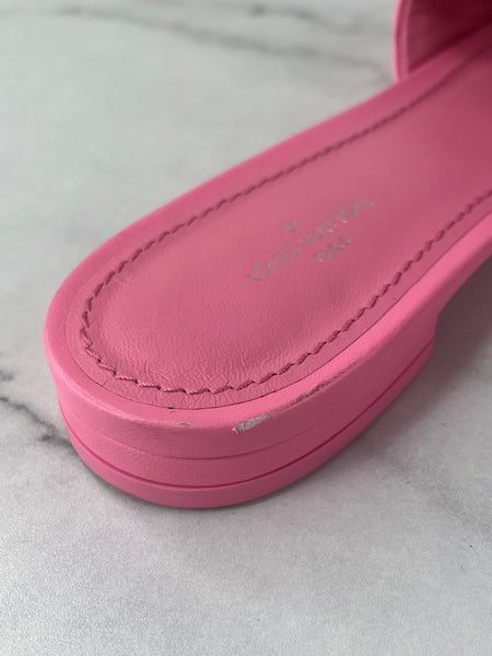 LOUIS VUITTON Rose Pop Pink Lambskin Embossed Monogram Revival Flat Mules Size 37