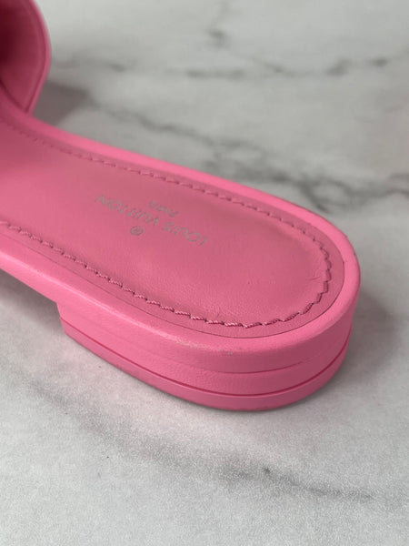 LOUIS VUITTON Rose Pop Pink Lambskin Embossed Monogram Revival Flat Mules Size 37
