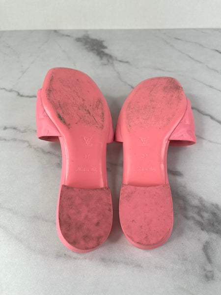LOUIS VUITTON Rose Pop Pink Lambskin Embossed Monogram Revival Flat Mules Size 37