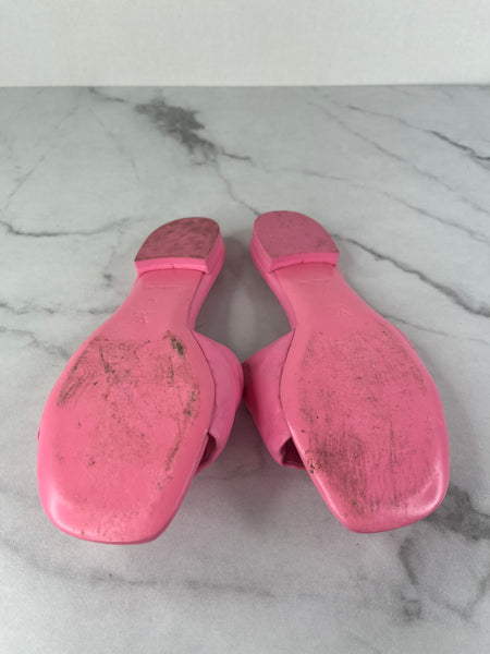 LOUIS VUITTON Rose Pop Pink Lambskin Embossed Monogram Revival Flat Mules Size 37