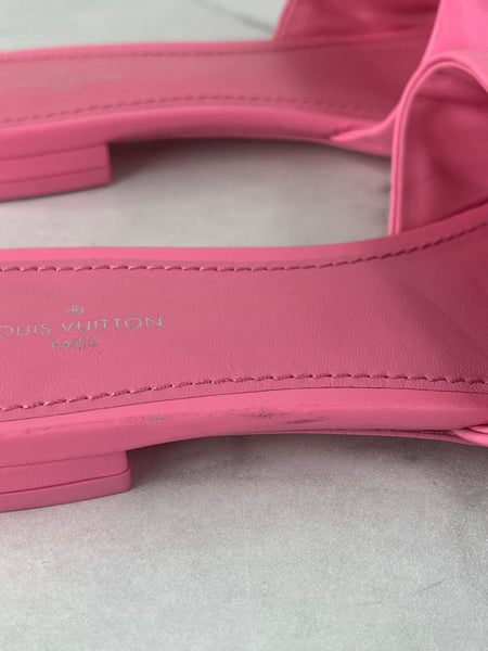LOUIS VUITTON Rose Pop Pink Lambskin Embossed Monogram Revival Flat Mules Size 37