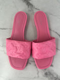 LOUIS VUITTON Rose Pop Pink Lambskin Embossed Monogram Revival Flat Mules Size 37