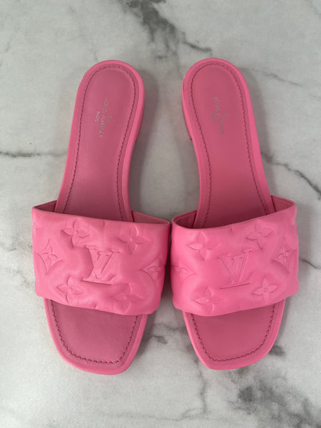 LOUIS VUITTON Rose Pop Pink Lambskin Embossed Monogram Revival Flat Mules Size 37
