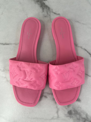 LOUIS VUITTON Rose Pop Pink Lambskin Embossed Monogram Revival Flat Mules Size 37
