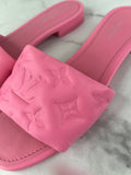 LOUIS VUITTON Rose Pop Pink Lambskin Embossed Monogram Revival Flat Mules Size 37