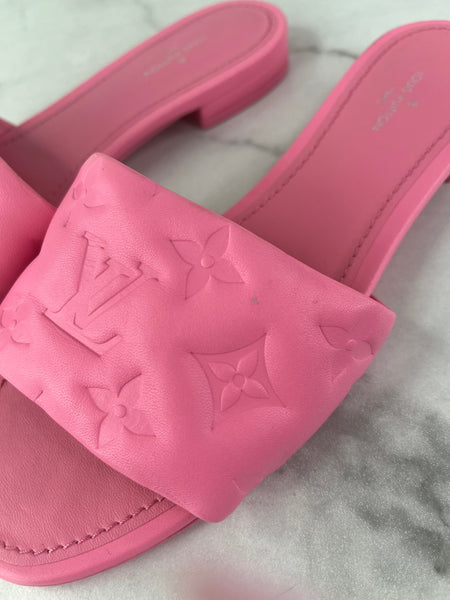 LOUIS VUITTON Rose Pop Pink Lambskin Embossed Monogram Revival Flat Mules Size 37
