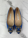 MANOLO BLAHNIK HANGISIFLAT Blue Satin Jewel Buckle Flats Size 35.5