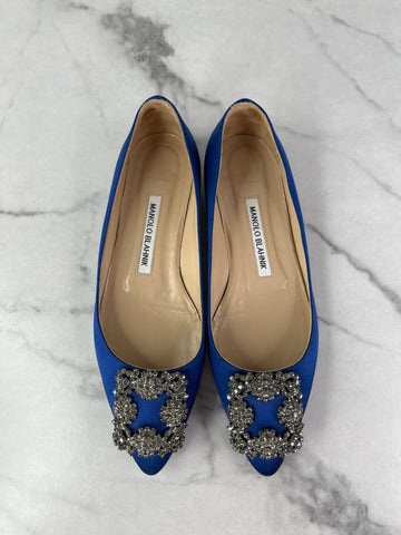 MANOLO BLAHNIK HANGISIFLAT Blue Satin Jewel Buckle Flats Size 35.5