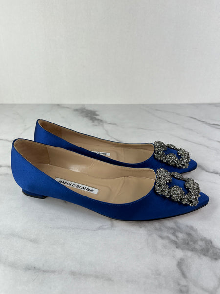 MANOLO BLAHNIK HANGISIFLAT Blue Satin Jewel Buckle Flats Size 35.5