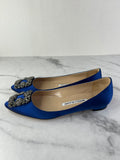 MANOLO BLAHNIK HANGISIFLAT Blue Satin Jewel Buckle Flats Size 35.5