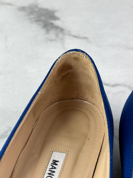 MANOLO BLAHNIK HANGISIFLAT Blue Satin Jewel Buckle Flats Size 35.5