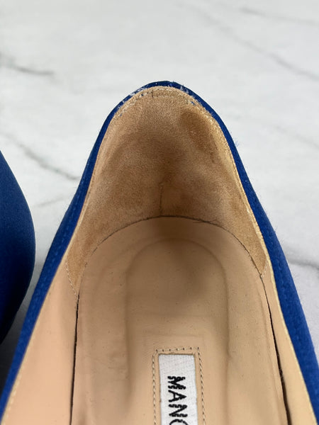 MANOLO BLAHNIK HANGISIFLAT Blue Satin Jewel Buckle Flats Size 35.5