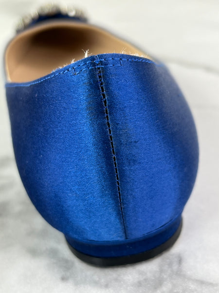 MANOLO BLAHNIK HANGISIFLAT Blue Satin Jewel Buckle Flats Size 35.5