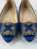 MANOLO BLAHNIK HANGISIFLAT Blue Satin Jewel Buckle Flats Size 35.5