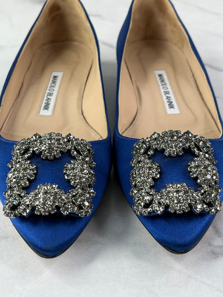 MANOLO BLAHNIK HANGISIFLAT Blue Satin Jewel Buckle Flats Size 35.5