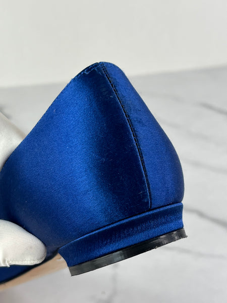 MANOLO BLAHNIK HANGISIFLAT Blue Satin Jewel Buckle Flats Size 35.5