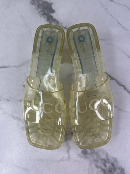 GUCCI Transparent PVC Logo Block Heel Slide Sandals Size 36