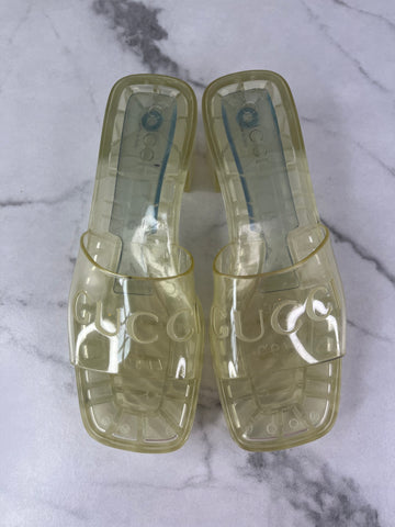 GUCCI Transparent PVC Logo Block Heel Slide Sandals Size 36