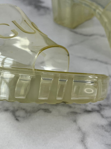 GUCCI Transparent PVC Logo Block Heel Slide Sandals Size 36