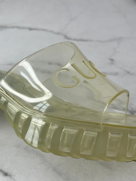 GUCCI Transparent PVC Logo Block Heel Slide Sandals Size 36