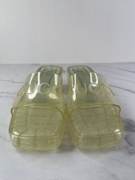 GUCCI Transparent PVC Logo Block Heel Slide Sandals Size 36