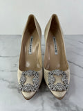 MANOLO BLAHNIK HANGISI Champagne Satin Jewel Buckle Pumps Size 35.5