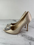 MANOLO BLAHNIK HANGISI Champagne Satin Jewel Buckle Pumps Size 35.5