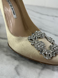 MANOLO BLAHNIK HANGISI Champagne Satin Jewel Buckle Pumps Size 35.5