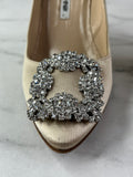 MANOLO BLAHNIK HANGISI Champagne Satin Jewel Buckle Pumps Size 35.5