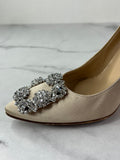 MANOLO BLAHNIK HANGISI Champagne Satin Jewel Buckle Pumps Size 35.5