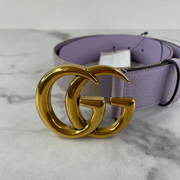 GUCCI Marmont Jumbo GG Canvas Belt In Beige/Lapis Size 75/30