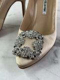 MANOLO BLAHNIK HANGISI Champagne Satin Jewel Buckle Pumps Size 35.5