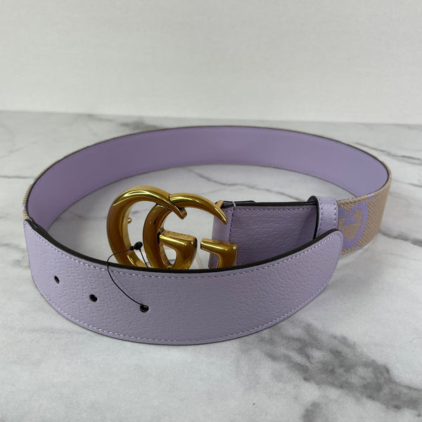 GUCCI Marmont Jumbo GG Canvas Belt In Beige/Lapis Size 75/30