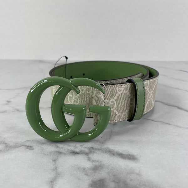 GUCCI Beige Ebony/Mystic White/Green GG Supreme Monogram Plutone Calfskin Enamel Double G Belt Size 80/32