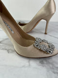 MANOLO BLAHNIK HANGISI Champagne Satin Jewel Buckle Pumps Size 35.5