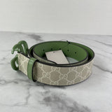 GUCCI Beige Ebony/Mystic White/Green GG Supreme Monogram Plutone Calfskin Enamel Double G Belt Size 80/32