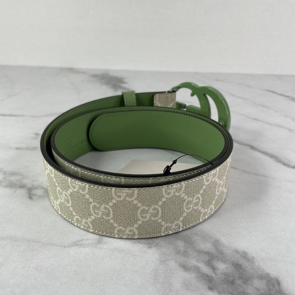 GUCCI Beige Ebony/Mystic White/Green GG Supreme Monogram Plutone Calfskin Enamel Double G Belt Size 80/32