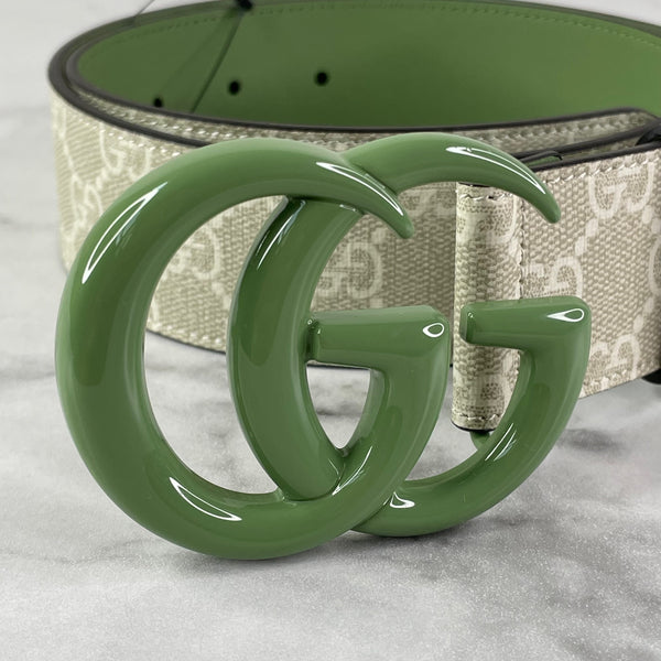 GUCCI Beige Ebony/Mystic White/Green GG Supreme Monogram Plutone Calfskin Enamel Double G Belt Size 80/32