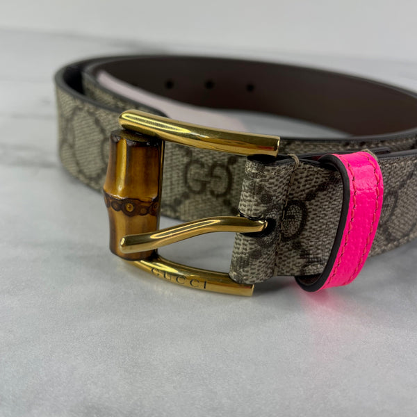 GUCCI Supreme Beige Ebony / Fluorescent Fuchsia (Pink) Bamboo Belt Size 80/32