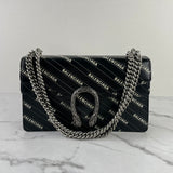 GUCCI X BALENCIAGA Black Calfskin Logo Print Small Dionysus Shoulder Bag