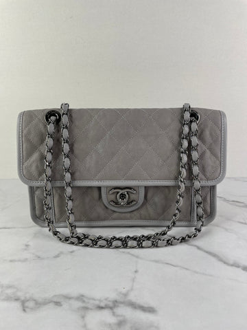 CHANEL Light Grey Caviar Quilted Medium French Riviera Flap Shoulder/Crossbody Bag