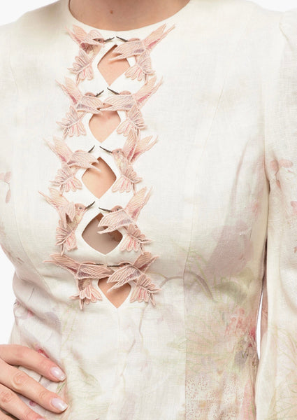 Zimmermann Linen The Dancer Hummingbird Mini Dress in Alabaster Garden Floral Size 0 (XS or US 2/4)