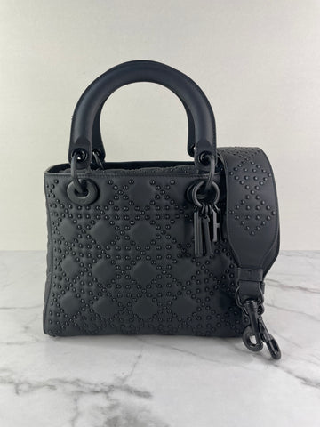 Christian Dior Ultra Black Matte Calfskin Cannage Studded Medium Supple Lady Dior Crossbody/Shoulder Bag