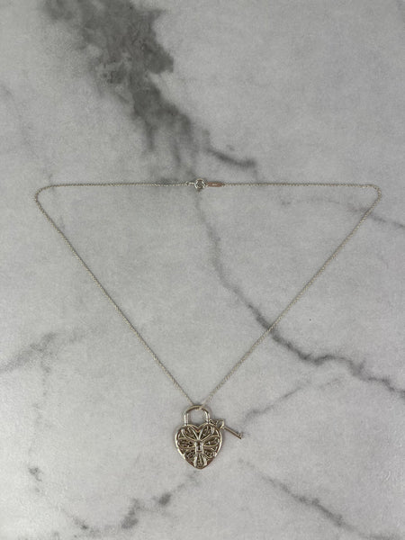 TIFFANY Sterling Silver Filigree Heart Key Pendant Necklace