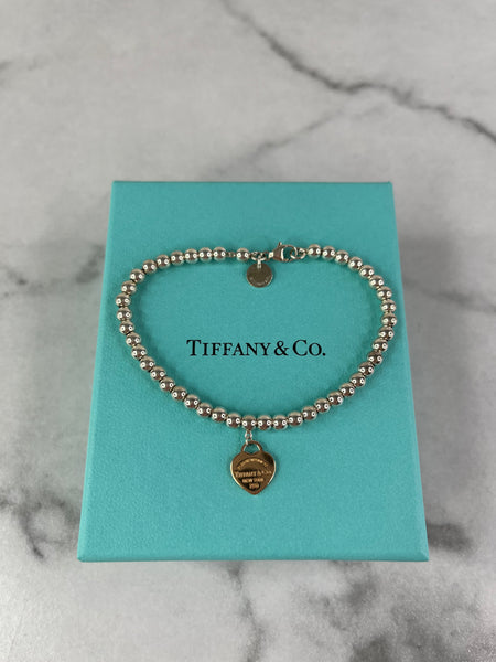 Tiffany Heart Tag Bead Bracelet in Sterling Silver and Rose Gold 4 mm
