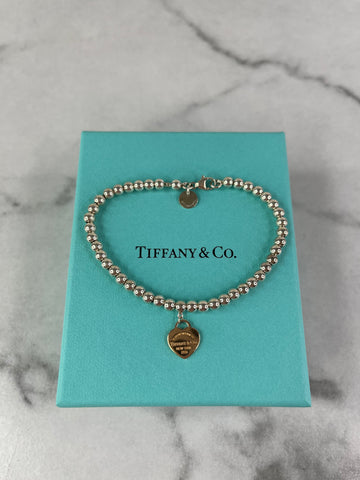 Tiffany Heart Tag Bead Bracelet in Sterling Silver and Rose Gold 4 mm