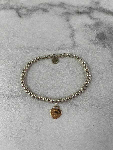 Tiffany Heart Tag Bead Bracelet in Sterling Silver and Rose Gold 4 mm