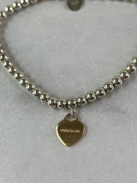 Tiffany Heart Tag Bead Bracelet in Sterling Silver and Rose Gold 4 mm