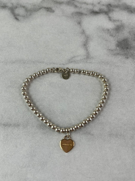 Tiffany Heart Tag Bead Bracelet in Sterling Silver and Rose Gold 4 mm