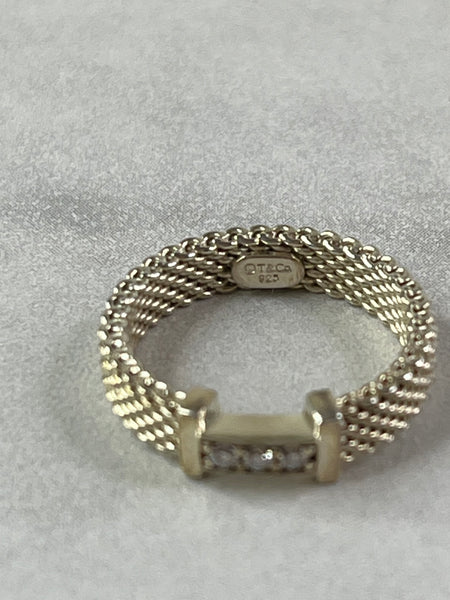 Tiffany Sterling Silver Diamond Narrow Somerset Ring Size 4